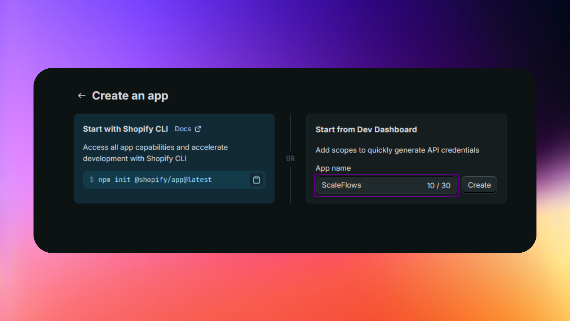 Shopify Dev, Create App