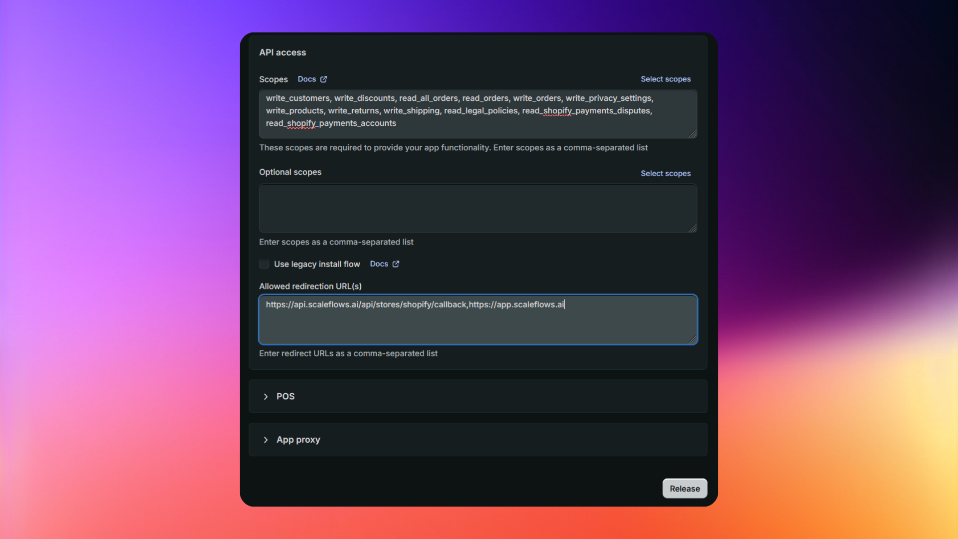 Shopify Dev, Permissions and Callback URL